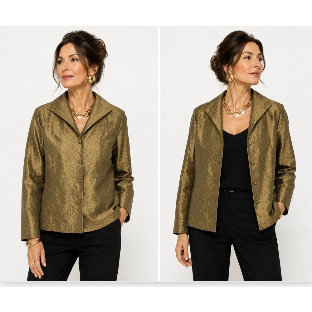 Eileen Fisher 100% Silk Olive/Gold Crinkled Top Jacket Blouse Button Up Medium